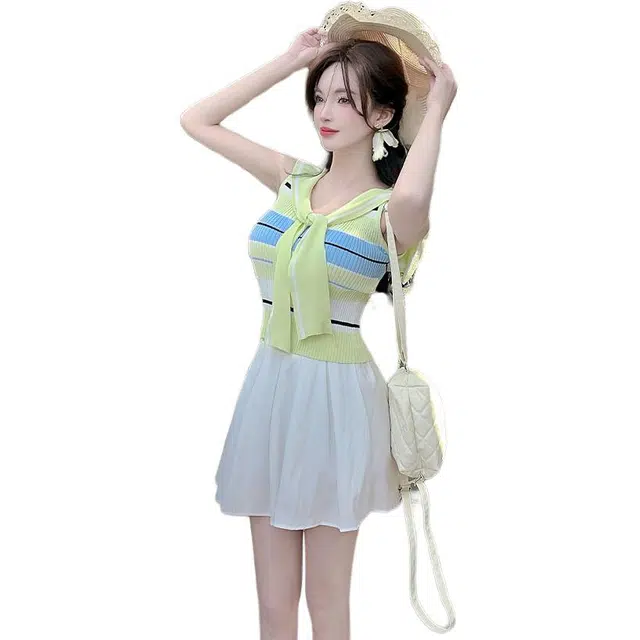 敲模女孩 多巴胺撞色清新条纹针织绑带海军领修身显瘦上衣高腰蓬蓬短裙裙装套装 女款