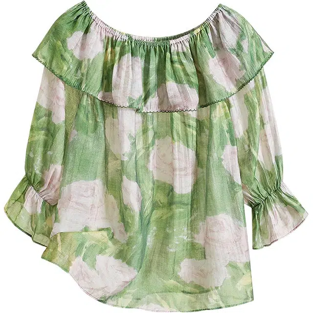 她池 温柔甜美风一字领套头撞色印花荷叶边七分袖衬衫 女款 花色