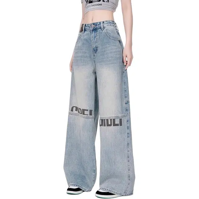 水中花 美式复古阔腿遮跨宽松牛仔裤 女款