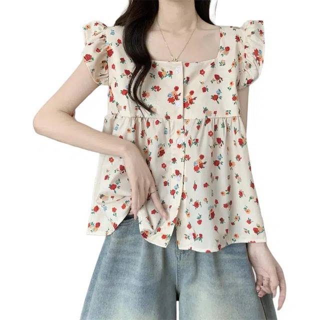 沐晓欣 甜美减龄飞飞袖碎花衬衫女夏宽松无袖背心方领截短上衣 女款