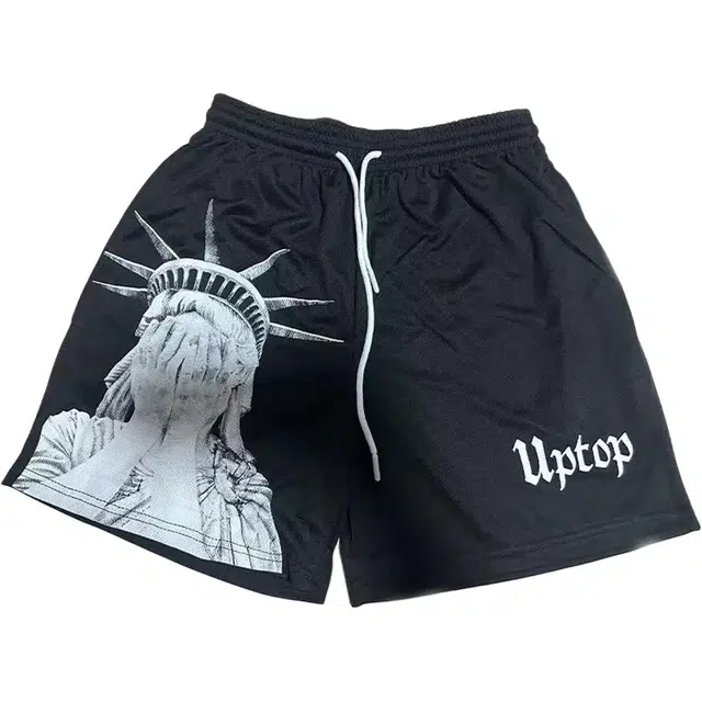 爱肯 暗黑街头风自由女神像印花运动宽松透气网眼抽绳健身训练多用途休闲四分裤美式街头潮流夏季百搭跑步篮球速干不过膝短裤 男女同款