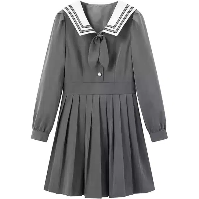 海獭 院风海军领蝴蝶结长袖百褶连衣裙设计制服 女款