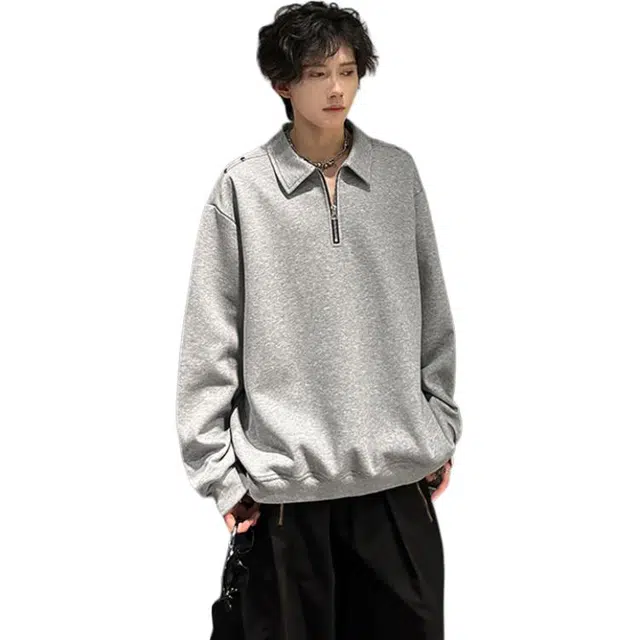 唐启 美式重磅半拉链卫衣潮牌痞帅高街小众设计感金属铆钉装饰翻领外套上衣 男女同款