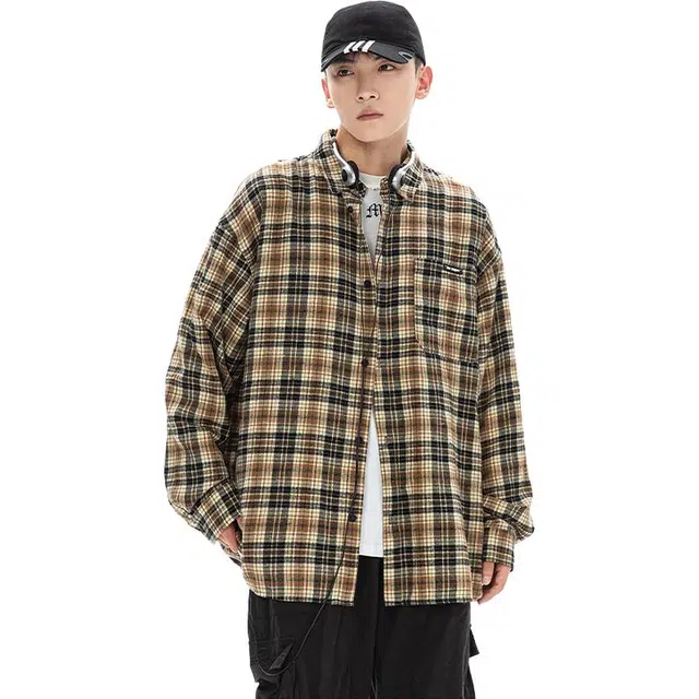 佐菲利 美式复古高级感叠穿格子中性风时尚潮流情侣装衬衫 男女同款