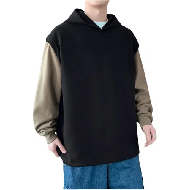 北极绒 美式假两件连帽保暖拼色时尚帅气宽松百搭卫衣 男款