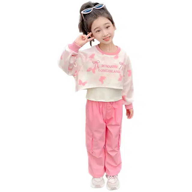 比比我休闲运动套装  女童春秋季蝴蝶撒金大童潮牌小孩衣服 小女孩短袖洋气时髦 舒适帅气轻便