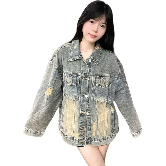 徐百货 美式破洞春秋潮牌痞帅高级感夹克美式复古潮流炸街长袖牛仔外套 男女同款