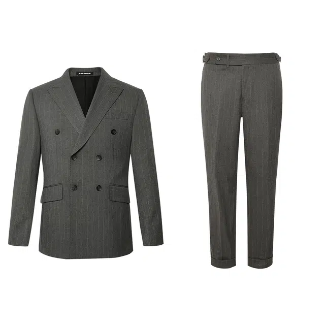 利郎 商务条纹戗驳领双排扣西服绅士风结婚西装套装 男款