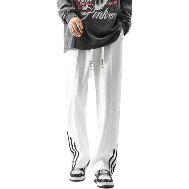 半空山 美式复古纯色基础款经典三条杠条纹拼接品牌汉字刺绣系带脚部抽绳调节宽松百搭直筒休闲裤 男女同款