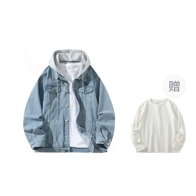 梓润格 美式简约复古百搭水洗假两件宽松长袖牛仔外套 男女同款