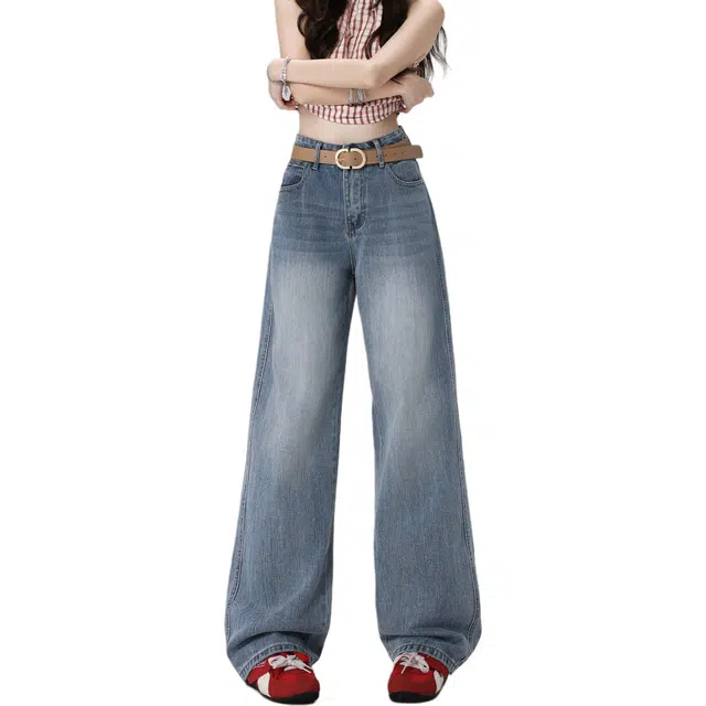 玫丝朵 美式复古高腰宽松直筒裤竹节纹面料简约百搭显瘦舒适休闲牛仔裤 女款