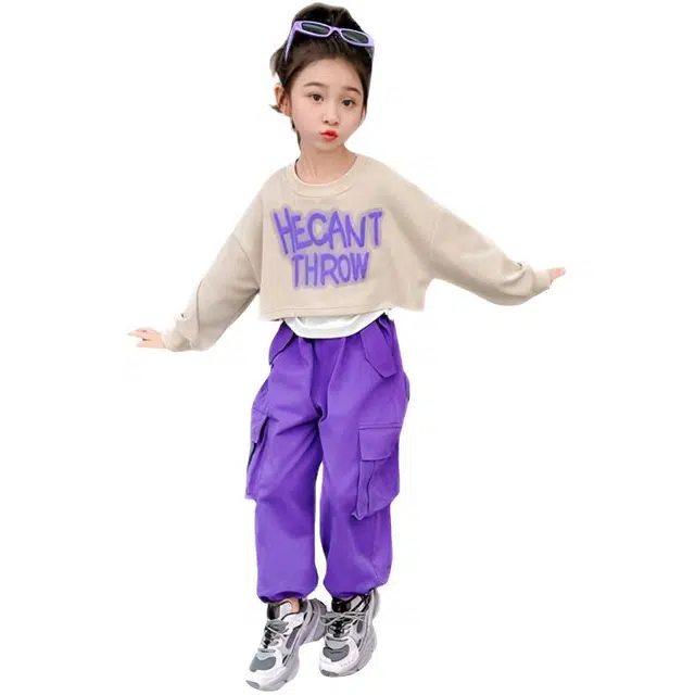 比比我休闲运动套装  女童春秋季字母工装裤大童潮牌小孩衣服 小女孩短袖洋气时髦 舒适帅气轻便