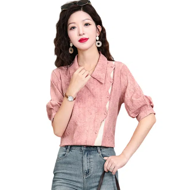 丝絮丝绸 港风复古设计感拼色衬衣高级感气质短袖衬衫 女款
