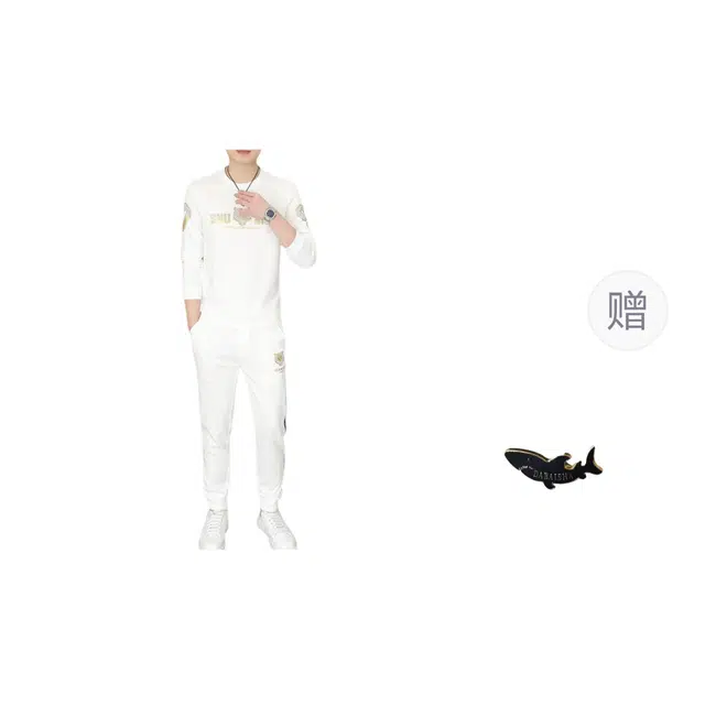 大白鲨 刺绣潮牌薄款字母/数字/文字常规长袖圆领宽松型套头休闲运动套装 男女同款