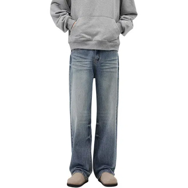 帝狼牛 美式街头水洗波纹猫须微喇宽松百搭简约舒适牛仔裤 男女同款