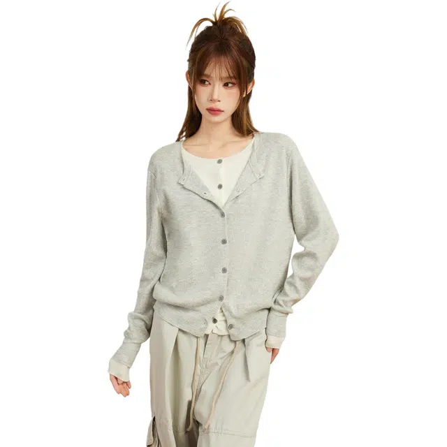 柏黛妃 假两件正肩针织开衫内搭修身衫慵懒风短款上衣 女款