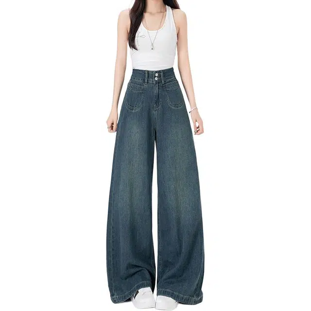 如续 美式春秋高腰双扣阔腿裤垂感百搭拖地裤女宽松简约舒适牛仔裤 女款