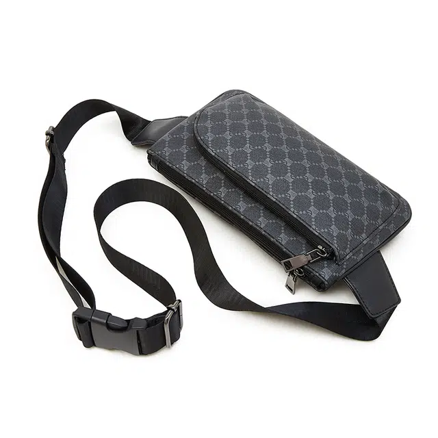 老人头 时尚百搭轻便 合成革 胸包 男款 花纹黑/灰色