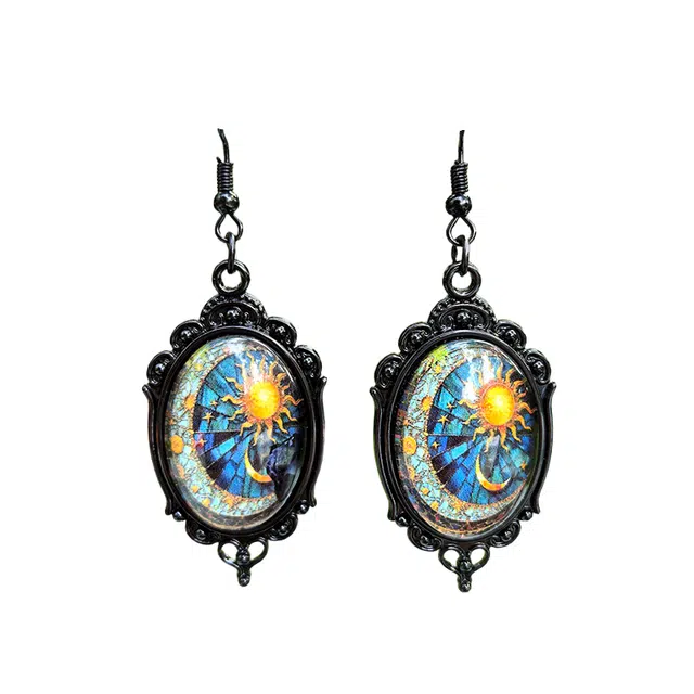 清脆小溪 复古风 日月宝石耳饰 优雅设计创意潮流搭配精致贵气 波西米亚风 合金 耳环 女款