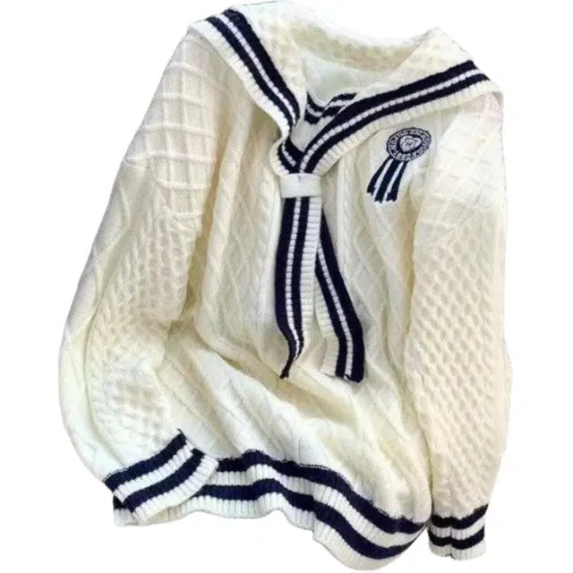 桴生 秋冬学院风宽松海军领女洋气条纹复古刺绣针织衫 女款