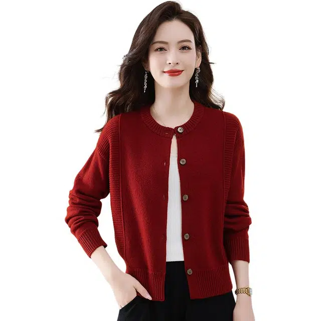 恒源祥 简约时尚百搭纯色圆领保暖亲肤羊毛开衫针织衫 女款