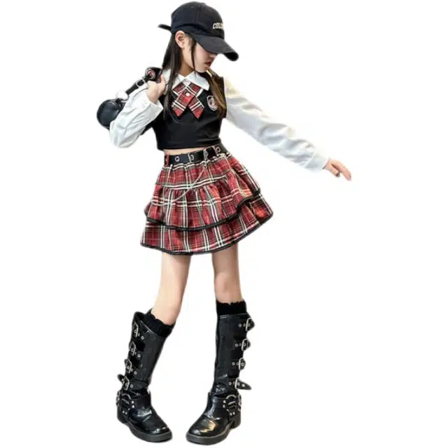 天才小熊休闲运动套装 女童春秋季红领结大童潮牌小孩衣服 小女孩短袖洋气时髦 舒适帅气轻便