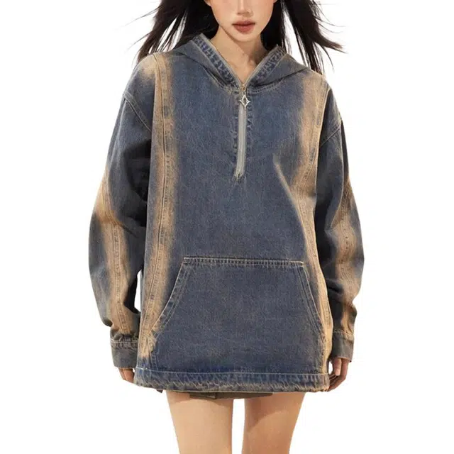水中花 小众设计感复古宽松做旧水洗连帽衫夹克男女潮流扎染卫衣牛仔外套 女款