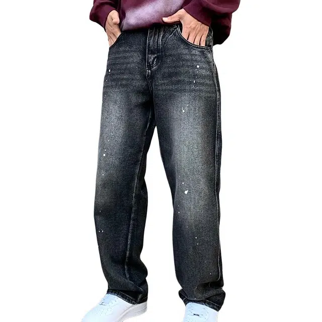 帝狼牛 高端水洗美式潮牌泼墨喷漆中腰百搭阔脚长裤复古做旧宽松直筒休闲牛仔裤 男女同款