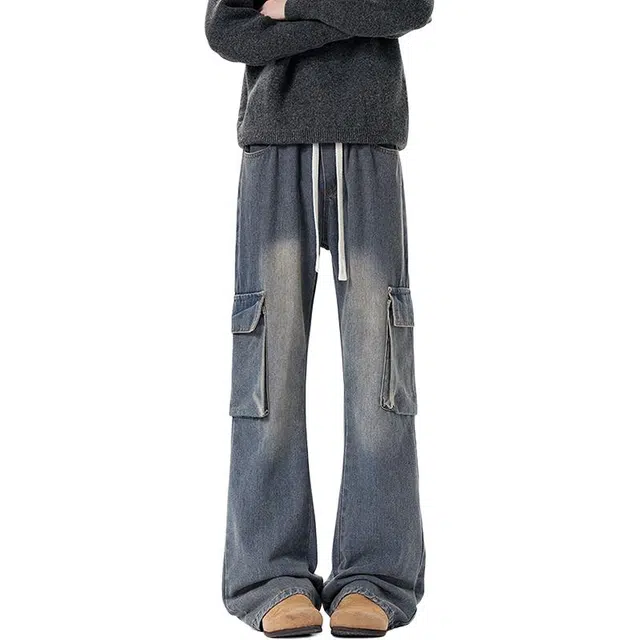 佐菲利 美式复古工装宽松直筒阔腿裤水洗做旧多口袋休闲长裤牛仔裤 男女同款