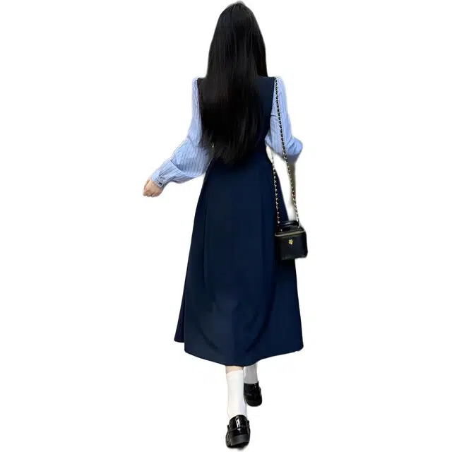 邓大喵 大码秋日晚风少女感假两件拼接绑带初秋宽松显瘦休闲裙子连衣裙 女款