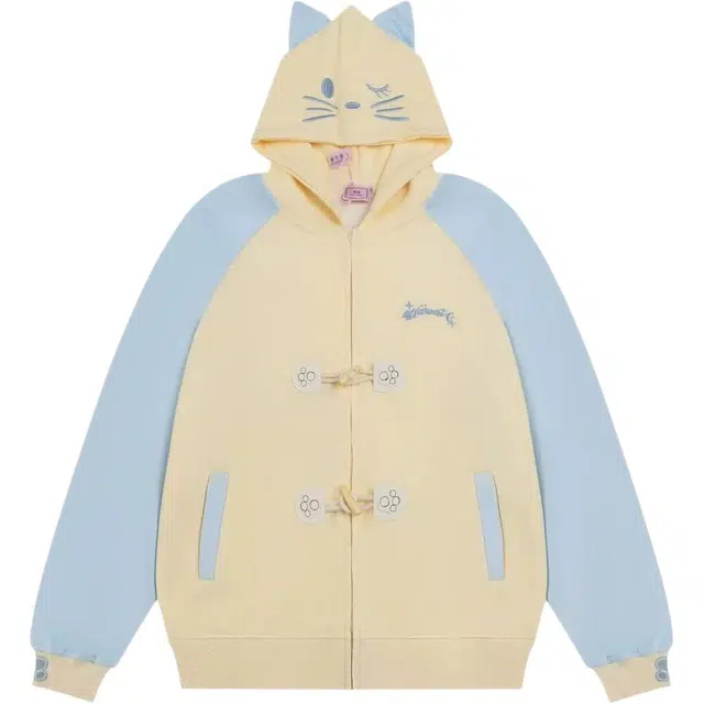 桴生 卡通猫咪立体耳朵连帽女牛角扣设计小众甜美可爱宽松慵懒外套 卫衣 女款