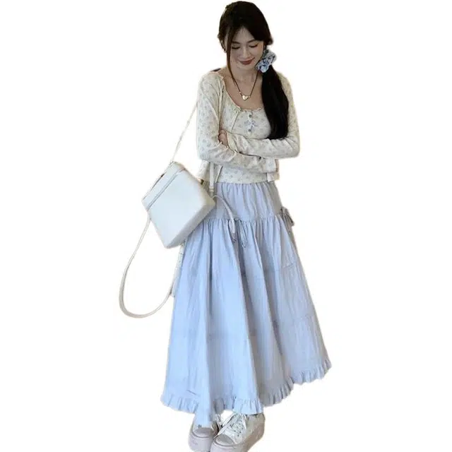 哒头下雨不愁 法式甜美奶系碎花吊带开衫蓬蓬半身裙三件套裙装套装 女款