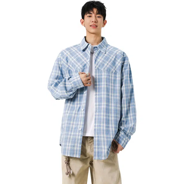 瑞梵帝斯 日系复古文艺学院风简约宽松休闲干净少年感单件外穿单排扣口袋格纹设计长袖格子防晒外套男生衬衫 男款