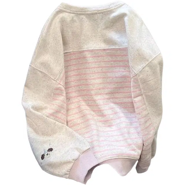 桴生 刺绣小熊日系软妹可爱女撞色条纹奶呼呼秋冬加绒长袖上衣 卫衣 女款