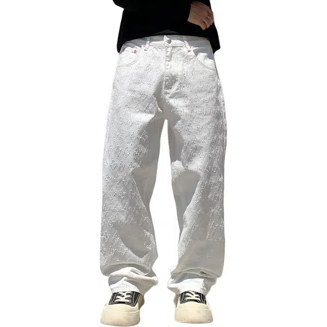 帝狼牛 美式复古时尚潮牌直筒宽松钩花设计感小众百搭 牛仔裤 男女同款