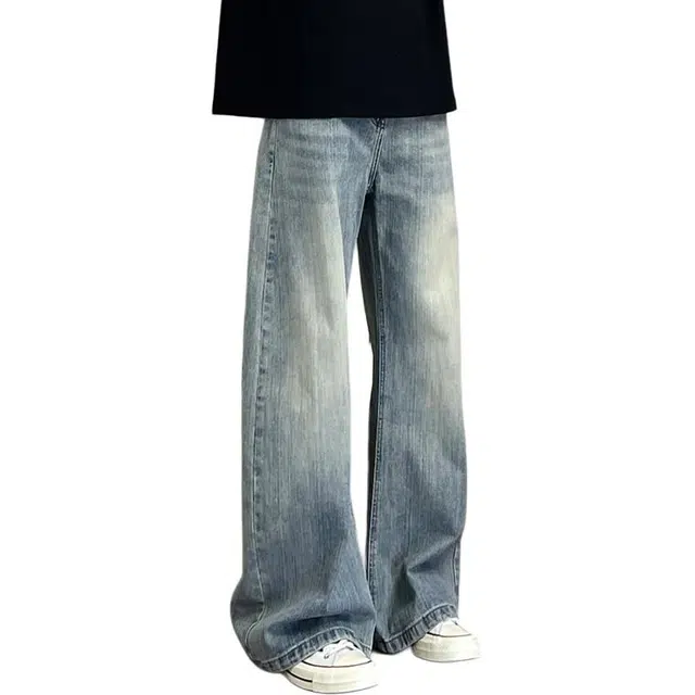 微牛 美式潮流水洗做旧竹节弯刀宽松垂感休闲长阔腿裤牛仔裤 男女同款