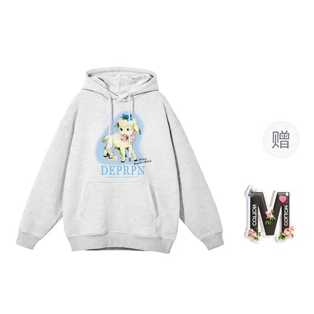 棉购 韩系可爱风小羊印花连帽长袖卫衣 女款