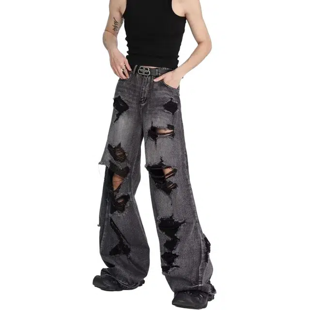洞洞拐 破洞乞丐男士夏季潮牌宽松做旧阔腿裤美式高街直筒拖地裤子牛仔裤 男女同款
