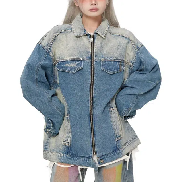 水中花 复古翻领女士春秋韩版洋气设计感小众中长款宽松上衣夹克牛仔外套 女款