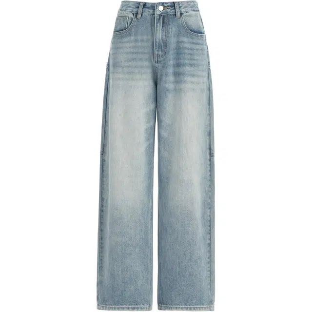 玫丝朵 美式复古潮流百搭流行高腰宽松直筒大口袋个性设计弯刀阔腿舒适牛仔裤 女款