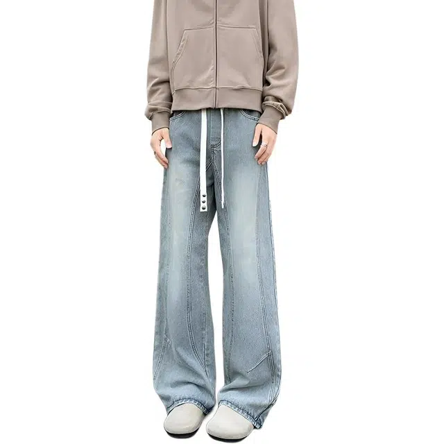 哲源 美式复古高街风基础款长裤水洗做旧侧边拼接渐变简约设计感阔腿裤潮牌百搭宽松舒适显高显瘦休闲微喇牛仔裤 男女同款