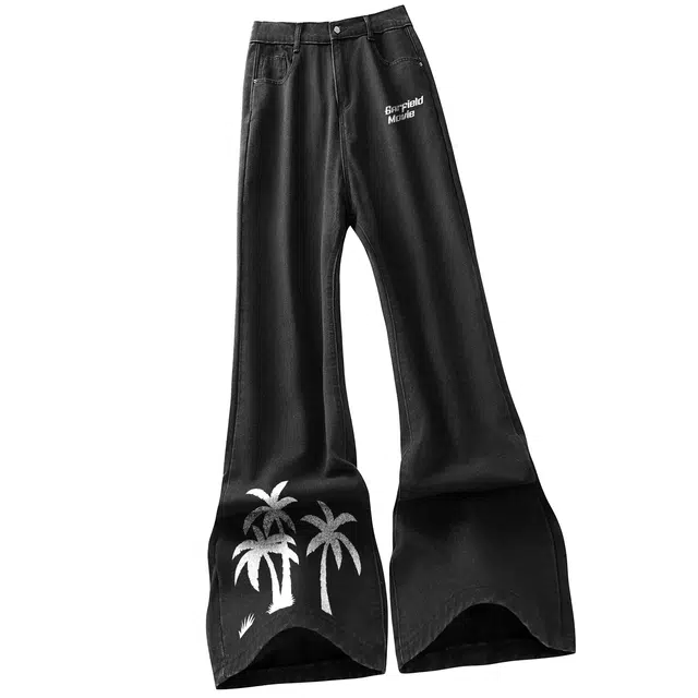 加菲猫家族 夏威夷度假风椰树字母印花高街美式水洗显腿长中腰复古微喇纯色休闲宽松阔腿百搭通勤长裤子牛仔裤 男女同款