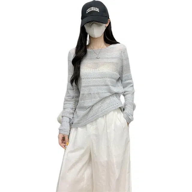 沐晓欣 复古慵懒风镂空长袖休闲松弛感百搭上衣针织衫 女款