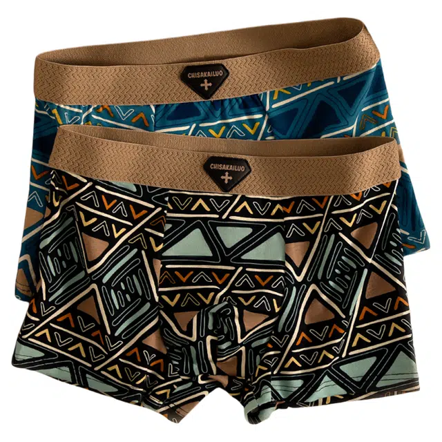 潞优野 高级感透气纯棉复古名族风潮流印花短裤个性男生几何中腰运动平角内裤 男款