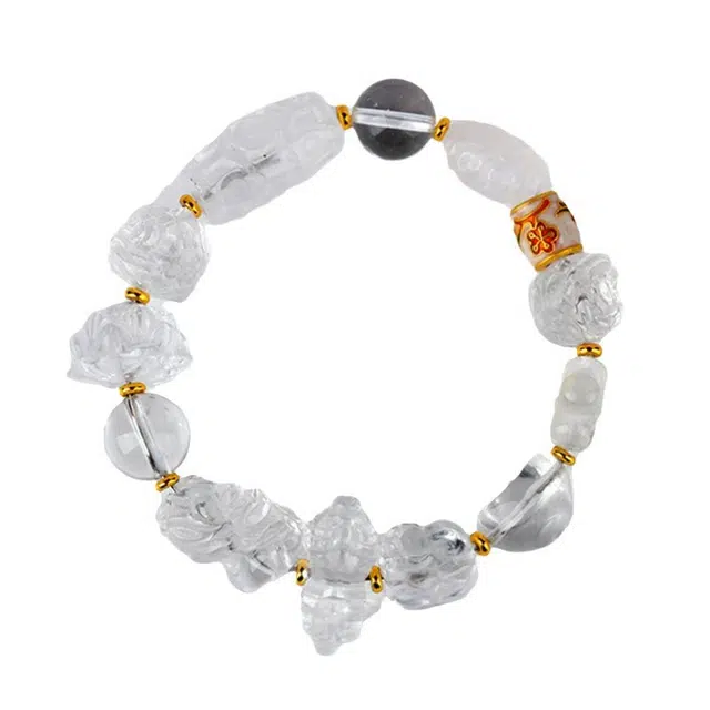 茂琼 多宝天珠醒狮元宝财神莲花雕刻件藏式饰品高级感#好运 白水晶 手串 女款