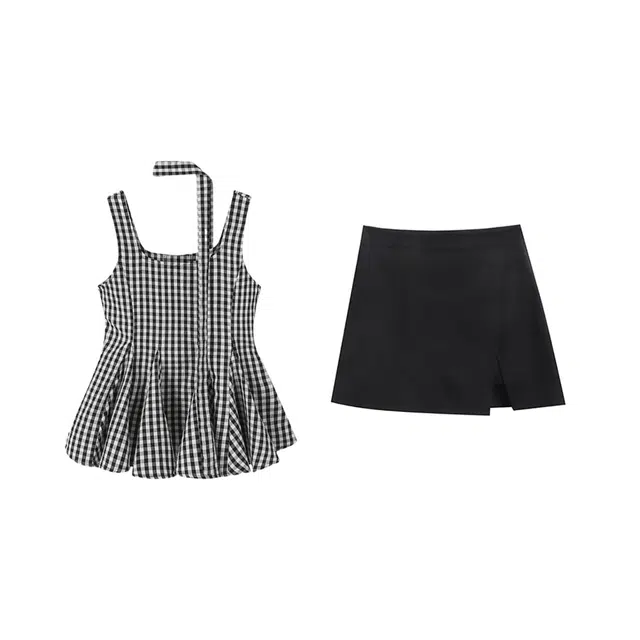 敲模女孩 法式纯狱风格子吊带上衣纯色辣妹包臀短裙裙装套装 女款
