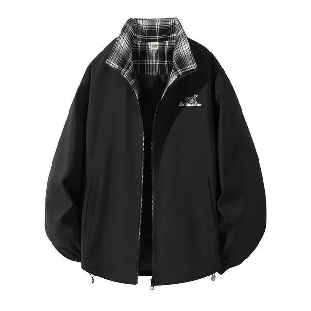 海绵宝宝 美式复古格纹拼接简约字母图案立领拉链学院风休闲百搭日常通勤潮牌防风无性别主义长袖 夹克外套 男女同款