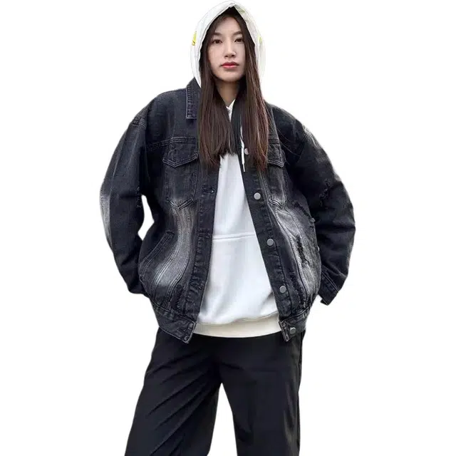 徐百货 美式潮牌水洗做旧扎染春秋季帅气宽松复古夹克上衣长袖牛仔外套 男女同款