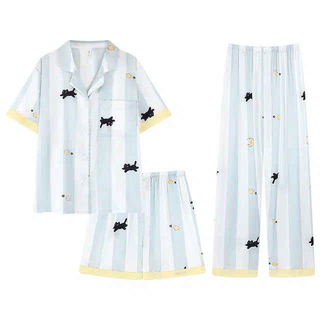 顶瓜瓜 冰丝短袖短裤翻领开衫可爱卡通条纹星星小黑猫凉感休闲三件套家居服夏季睡衣套装 女款
