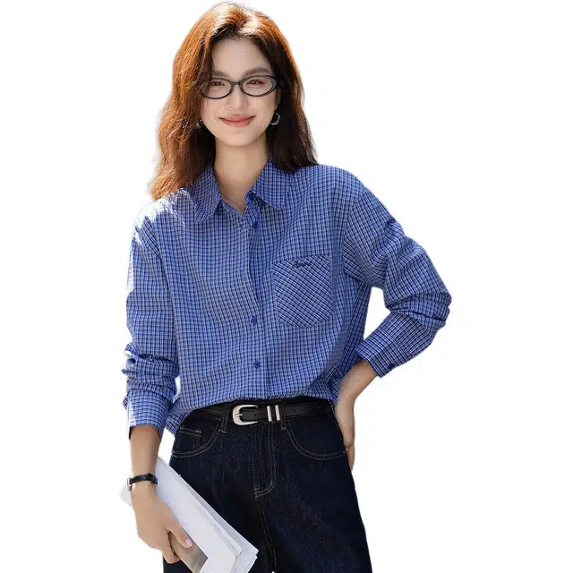 【dme】 复古宽松气质休闲时尚简约百搭格子长袖衬衫 女款